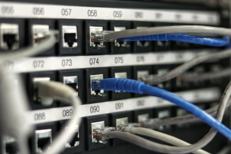 Painel de conexões de rede com cabos organizados em um rack